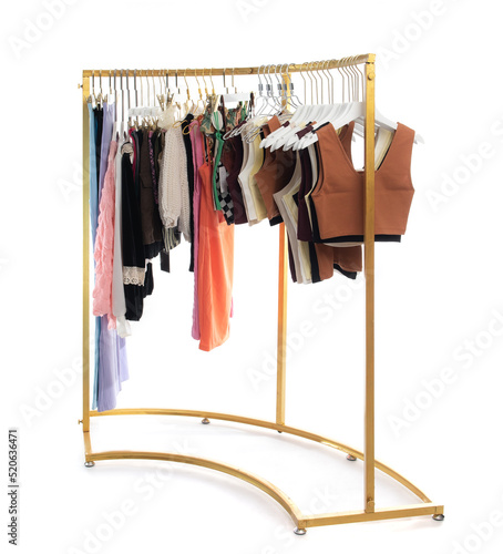 Clothes on hangers isolated on white background. Clothes and accessories fashion set