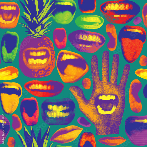 Abstract seamless pattern with grimasing pineapples, multicolored human mouths and palm hand. Bright vector background with laughing, angry, singing, screaming human mouths. Wallpaper, wrapping paper