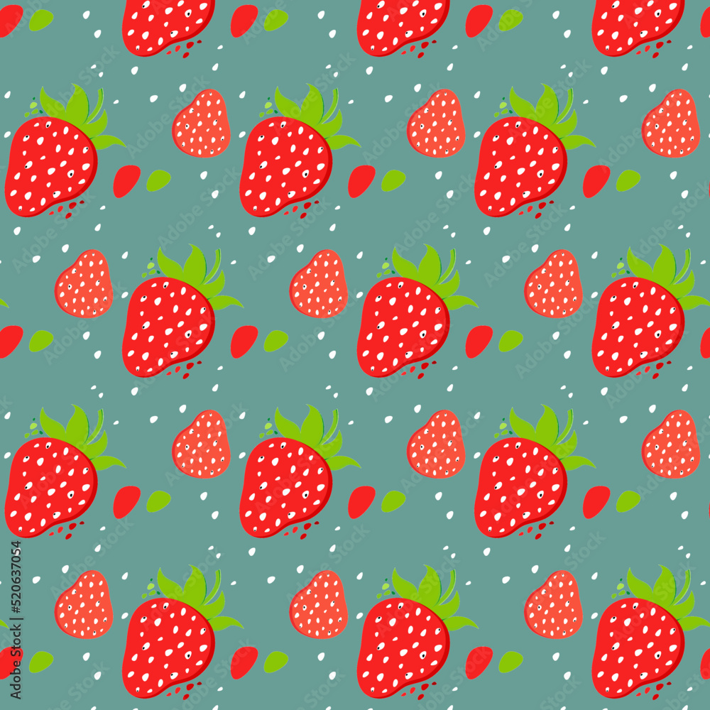 Pattern. Strawberry berries. Flat style. Red berries with green leaves on a dark green background. Pattern. Strawberry berries. Flat style. Red berries with green leaves on a dark green background.