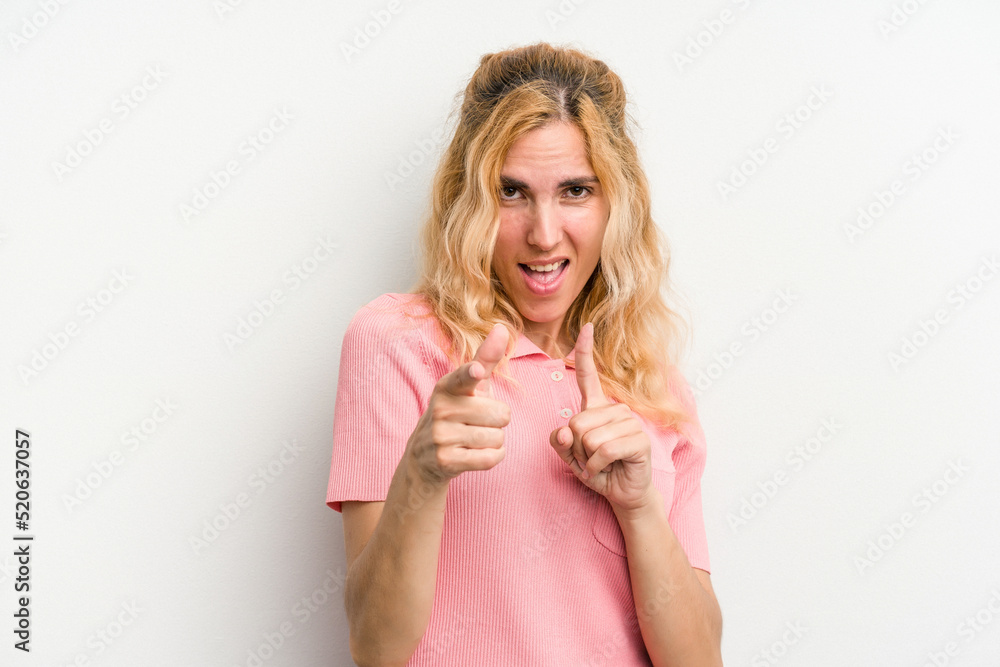 Young caucasian woman isolated on white background pointing to front with fingers. Young caucasian woman isolated on white background pointing to front with fingers.