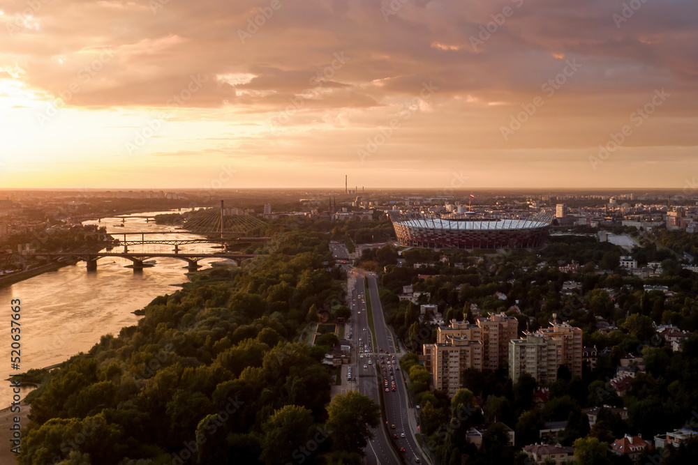 Poland National Stadium in Warsaw capital city. Aerial drone view.