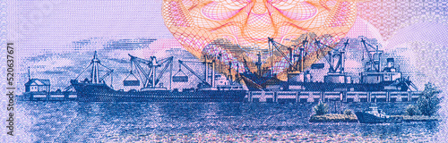 Port of Sihanoukville (Kampong Saom); ships being loaded;, Portrait from Cambodia 1000 Riels 2007 Banknotes.