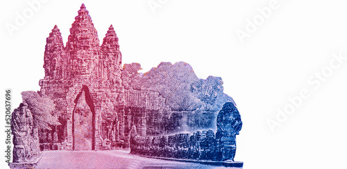 Sculpture art of Banteay Srei temple printed in silver ink; Sculpture of naga serpent; Victory Gate at Angkor Thom, Portrait from Cambodia 1000 Riels 2007 Banknotes.