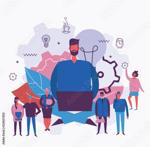 Business startup work moments flat banner. New ideas, search for investor, increased profits. Vector illustration of a business situation.