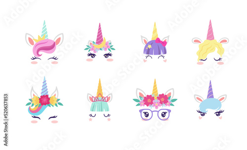 Unicorn masks set with cute accessories and flowers, flat vector isolated.