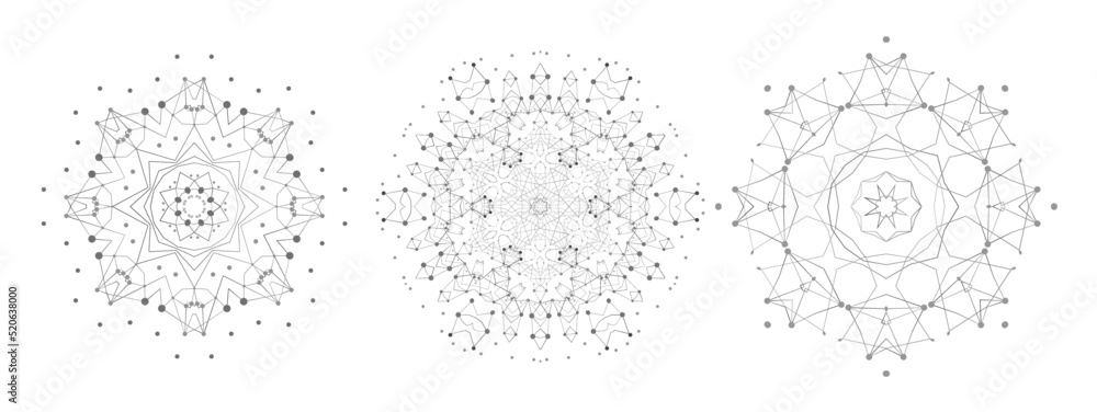Set of Symmetric Lattice Shape, Molecular Structure with Thin Lines and Dots. Mandala. Fractal. Set of Symmetric Lattice Shape, Molecular Structure with Thin Lines and Dots. Mandala. Fractal.