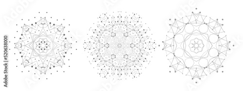 Set of Symmetric Lattice Shape, Molecular Structure with Thin Lines and Dots. Mandala. Fractal.