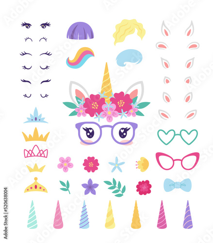 Unicorn accessories for prints or photo booth, flat vector illustration isolated.