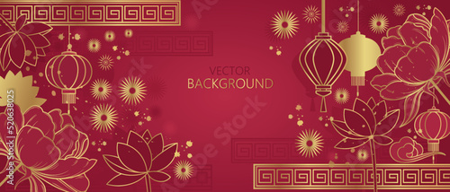 Vector banner with golden lotus flowers and peonies on a red background. Chinese background 