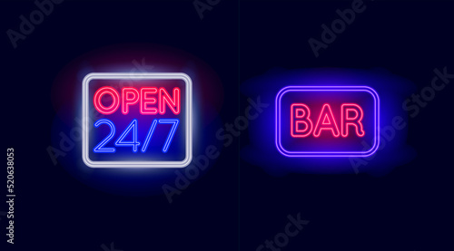 Open Shop 24/7 and Bar Neon light sign set. Vector illustration.