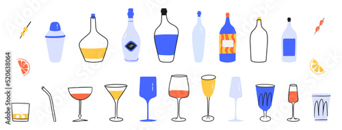 Large set of different bottles and glasses. Hand-drawn bottles of alcohol. Elegant modern glasses for wine, champagne and cocktails. Set of illustrations for a party. Isolated vector elements