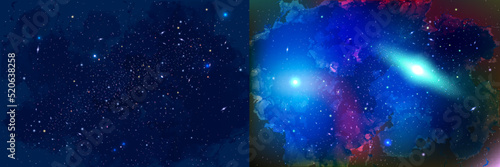Vector Cosmology Illustration with Universe, Galaxy, Sun, Planets and Stars. Can be used for Invitation or Booklet. Futuristic view with Depth and Space Background