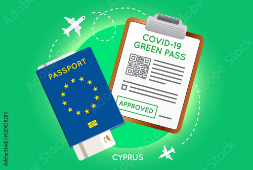 Covid-19 immunity passport with QR code. Vaccination or negative coronavirus test green valid certificate. European Passport with Flight Ticket and Approved Green Pass.