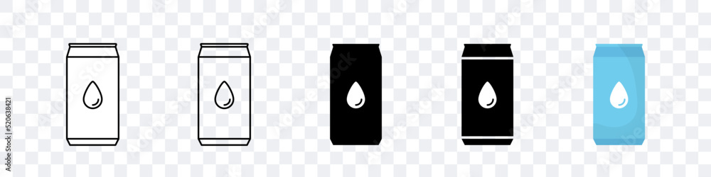 Tin can with water. Aluminum can with a drink. Water cans. Set of vector icons isolated on white background. Tin can with water. Aluminum can with a drink. Water cans. Set of vector icons isolated on white background.