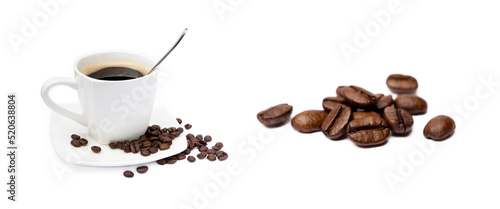 Cup of coffee and coffee beans isolated on white background