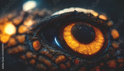 Dragon eye, fantasy abstraction, art. Eye close-up, macro. 3D illustration. 