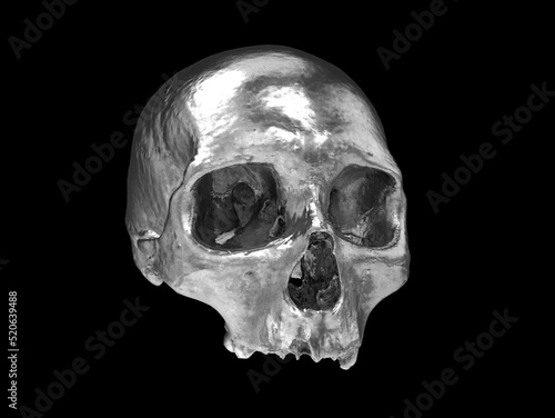 Shiny bumpy chrome skull with no lower jaw - 3D Illustration