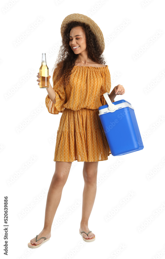 Happy young African American woman with cool box and bottle of beer on white background Happy young African American woman with cool box and bottle of beer on white background