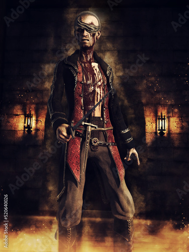 Dark scene with a zombie pirate standing in a dungeon and holding a sword. 3D render - the man is a 3D object.