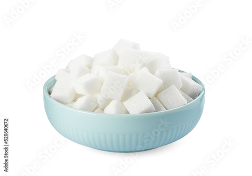 Bowl of sugar cubes isolated on white