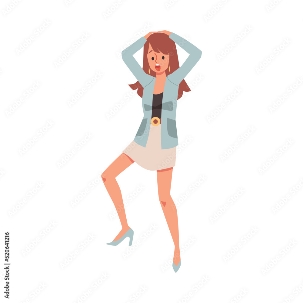 Panic woman afraid and screaming in fear, flat vector illustration isolated.