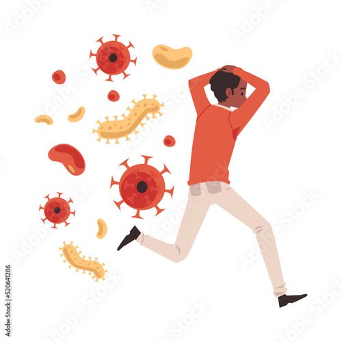 Alarmist man running in fear of viruses, flat vector illustration isolated. photo