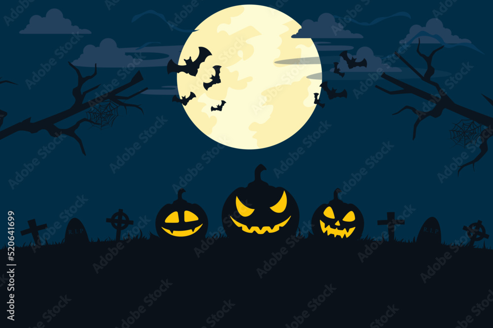 Happy halloween illustration with pumpkins and night full moon mystery graveyard