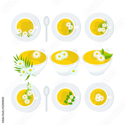 Tea, chamomile tincture in a cup. Vector set