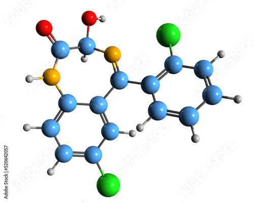 3D image of Lorazepam skeletal formula - molecular chemical structure of benzodiazepine medication isolated on white background photo