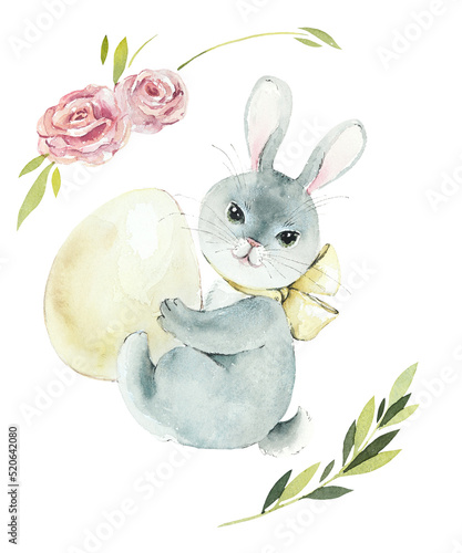 Roses and rabbit with big Easter eggs. Happy easter. Hand drawing water color. Spring composition photo