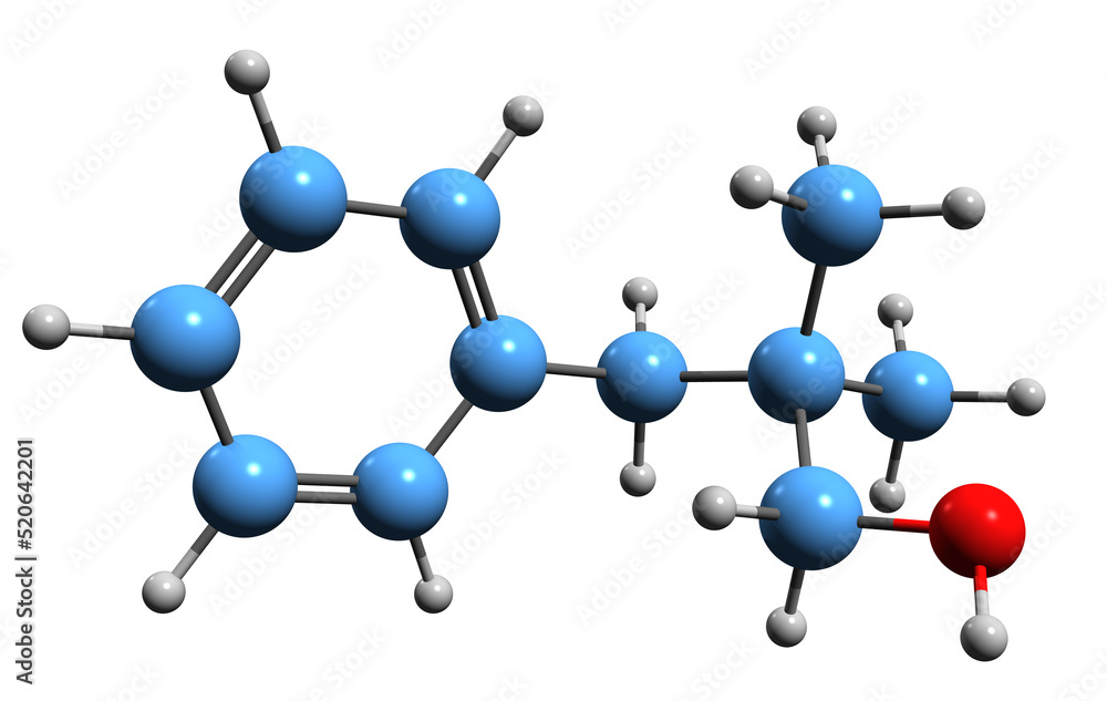 3D image of majantol skeletal formula - molecular chemical structure of perfumery component Trimethylbenzenepropanol isolated on white background 3D image of majantol skeletal formula - molecular chemical structure of perfumery component Trimethylbenzenepropanol isolated on white background