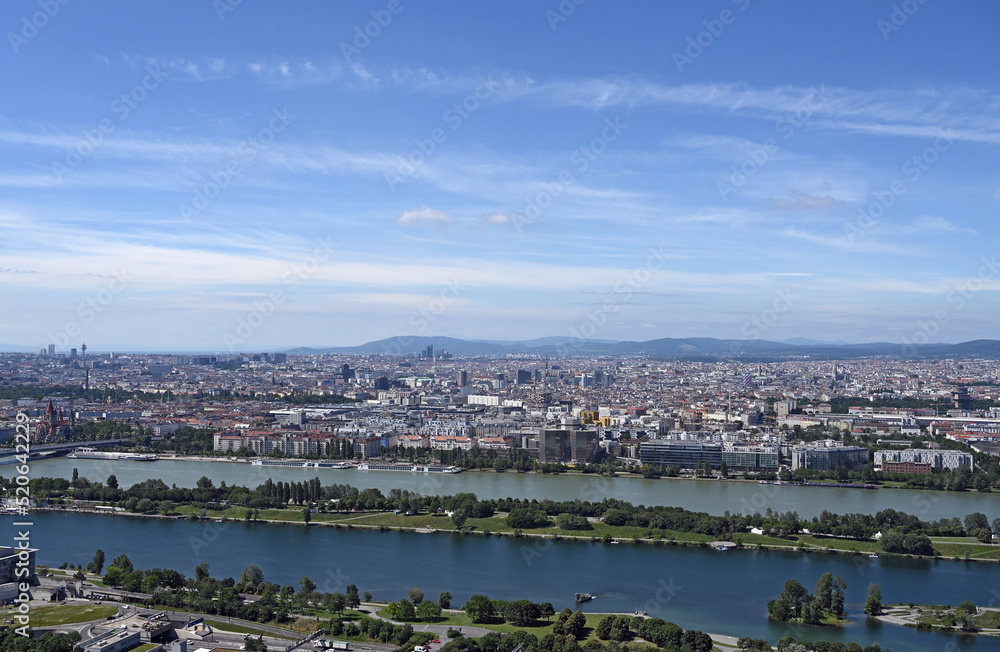 Danube river and Vienna cityscape