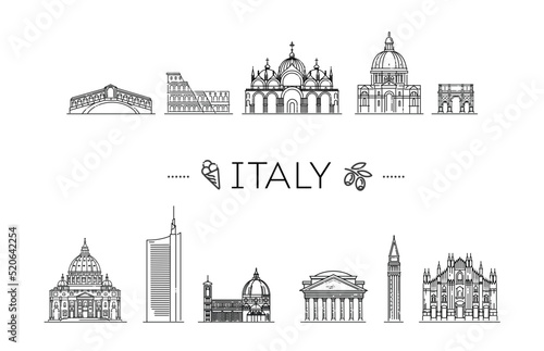 Tourist attractions of Italy. Historic buildings from the streets of Italy, outline.