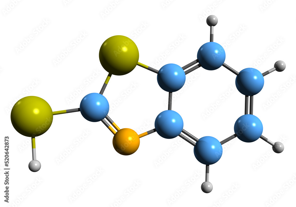 3D image of Mercaptobenzothiazole skeletal formula - molecular chemical structure of organosulfur compound isolated on white background 3D image of Mercaptobenzothiazole skeletal formula - molecular chemical structure of organosulfur compound isolated on white background