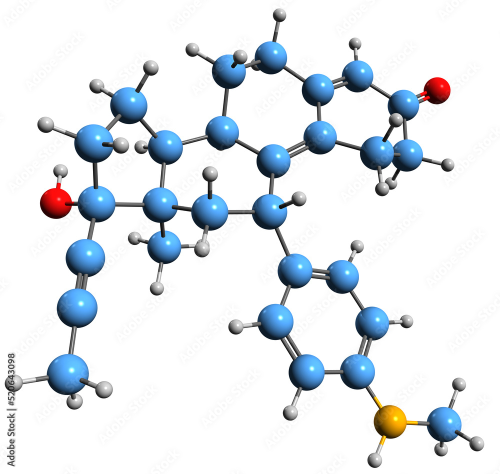 3D image of Metapristone skeletal formula - molecular chemical structure of metabolite of mifepristone Desmethylmifepristone isolated on white background
3D image of Metapristone skeletal formula - molecular chemical structure of metabolite of mifepristone Desmethylmifepristone isolated on white background