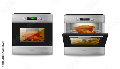 Kitchen oven open and closed, realistic template vector illustration isolated.