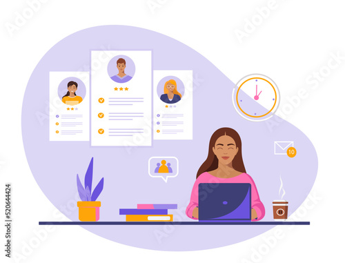 Recruiter's workplace. A woman with a laptop conducts an interview, chooses the best candidate.