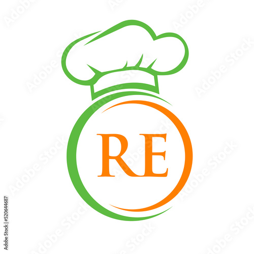 Initial Letter RE Restaurant Logo Template. Restaurant Logo Concept with Chef Hat Symbol Vector Sign