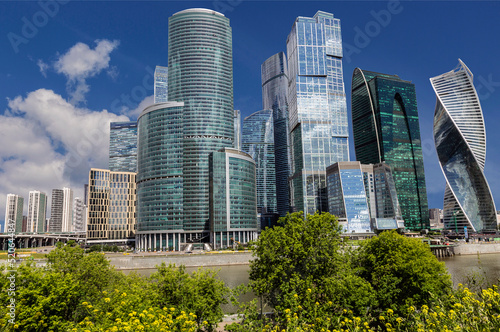 View of the Moscow International Business Center "Moscow City" on the Presnenskaya embankment of the Moscow River. Moscow, Russia