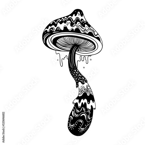 Magic mushrooms. Psychedelic hallucination. Outline vector illustration isolated on white. 60s hippie art. Coloring book for kids and adults.