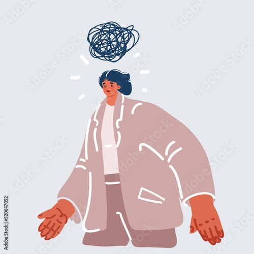 Vector illustration of woman with Tangled ball in head. Psychology and stress concept. Thinking about the problems on her mind