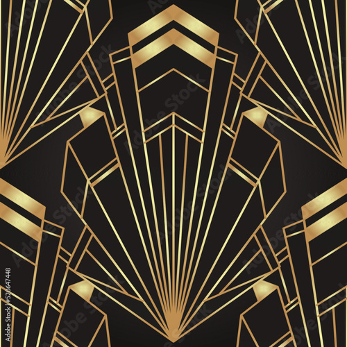 Art deco style geometric seamless pattern in black and gold. Vector illustration. Roaring 1920 s design. Jazz era inspired . 20 s. Vintage Fabric, textile, wrapping paper, wallpaper.
