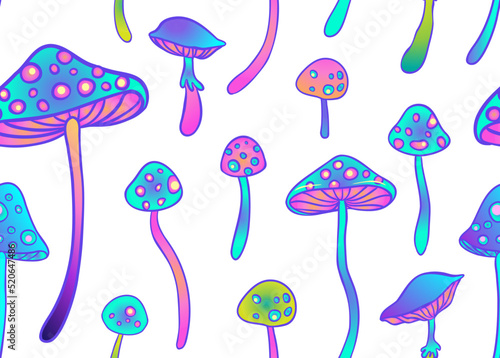 Magic mushrooms seamless pattern. Psychedelic hallucination. 60s hippie colorful art. Vintage psychedelic textile, fabric, wrapping, wallpaper. Vector repeating illustration.