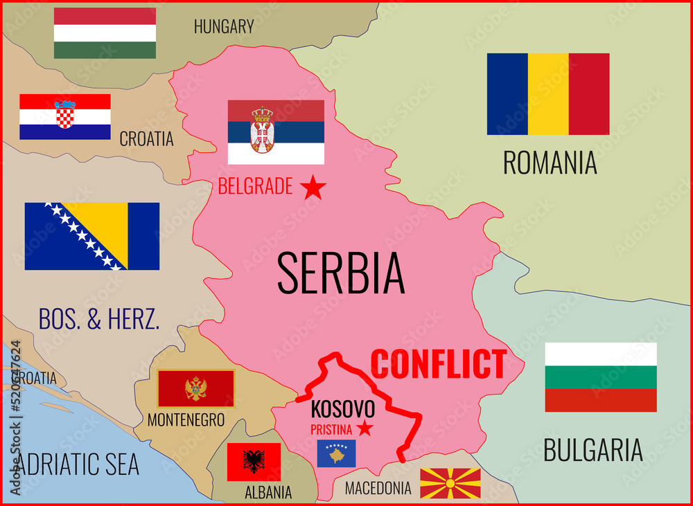 Illustration of a map of Serbia, Kosovo and neighboring countries with national flags. Conflict Illustration of a map of Serbia, Kosovo and neighboring countries with national flags. Conflict