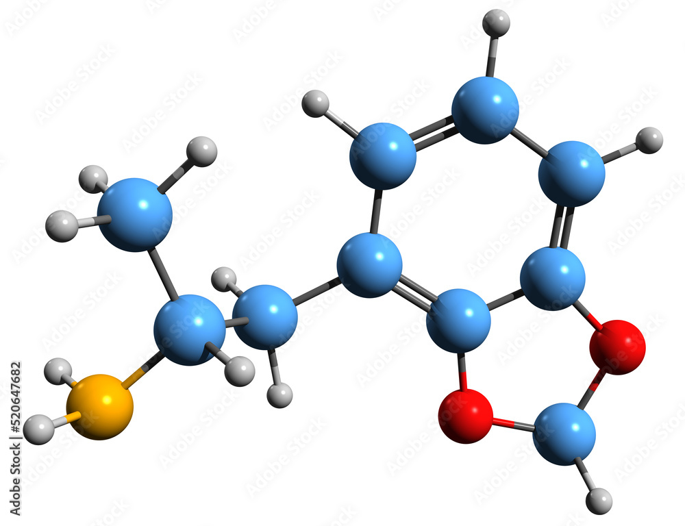 3D image of Methylenedioxyamphetamine skeletal formula - molecular chemical structure of amphetamine derivative empathogen-entactogen isolated on white background
3D image of Methylenedioxyamphetamine skeletal formula - molecular chemical structure of amphetamine derivative empathogen-entactogen isolated on white background
