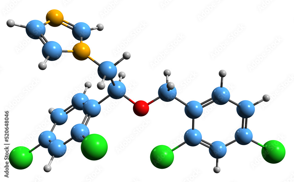 3D image of Miconazole skeletal formula - molecular chemical structure of antifungal medication isolated on white background 3D image of Miconazole skeletal formula - molecular chemical structure of antifungal medication isolated on white background