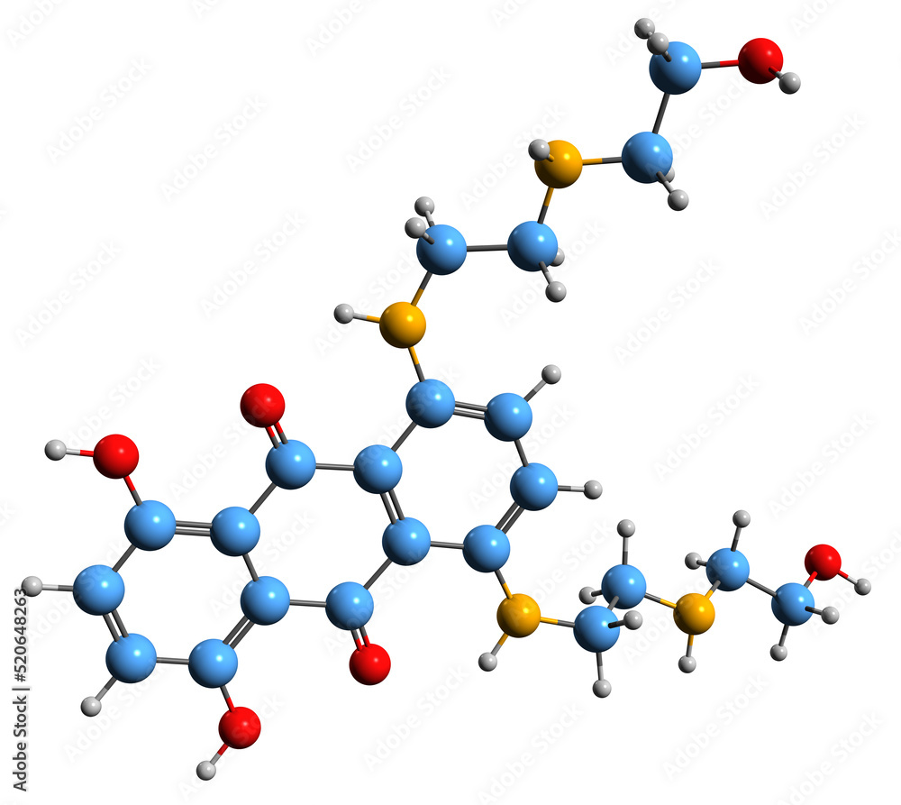 3D image of Mitoxantrone skeletal formula - molecular chemical structure of anthracenedione antineoplastic agent isolated on white background 3D image of Mitoxantrone skeletal formula - molecular chemical structure of anthracenedione antineoplastic agent isolated on white background