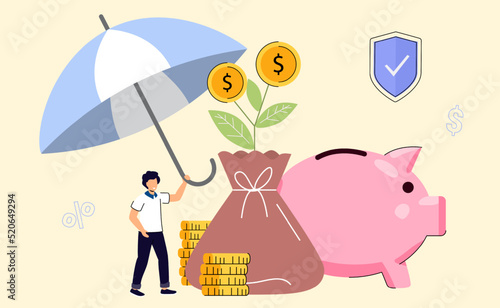 Insurance broker agent Risk insurance abstract concept vector illustration Unemployment and income loss Emergency risk Pension trust fund abstract metaphor Girl holding a big umbrella over money