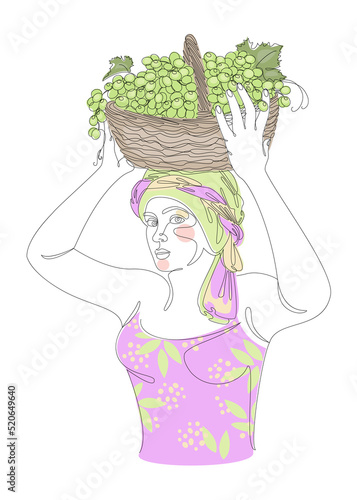 Silhouettes of a girl in a headscarf. The lady is holding a basket of grapes in her hands. Woman in modern one line style. Solid line  decor outline  posters  stickers  logo. vector illustration.