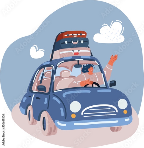 Vector illustration of Happy woman on vacation summer road trip by car on holidays to destination, Traveler transportation vehicle people lifestyle.